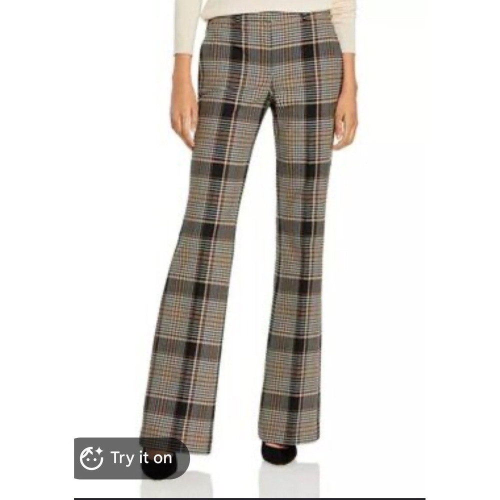 Theory Demitria 4 Becket Portland Pants Womens 10 Brown Plaid Wool Blend Flare
